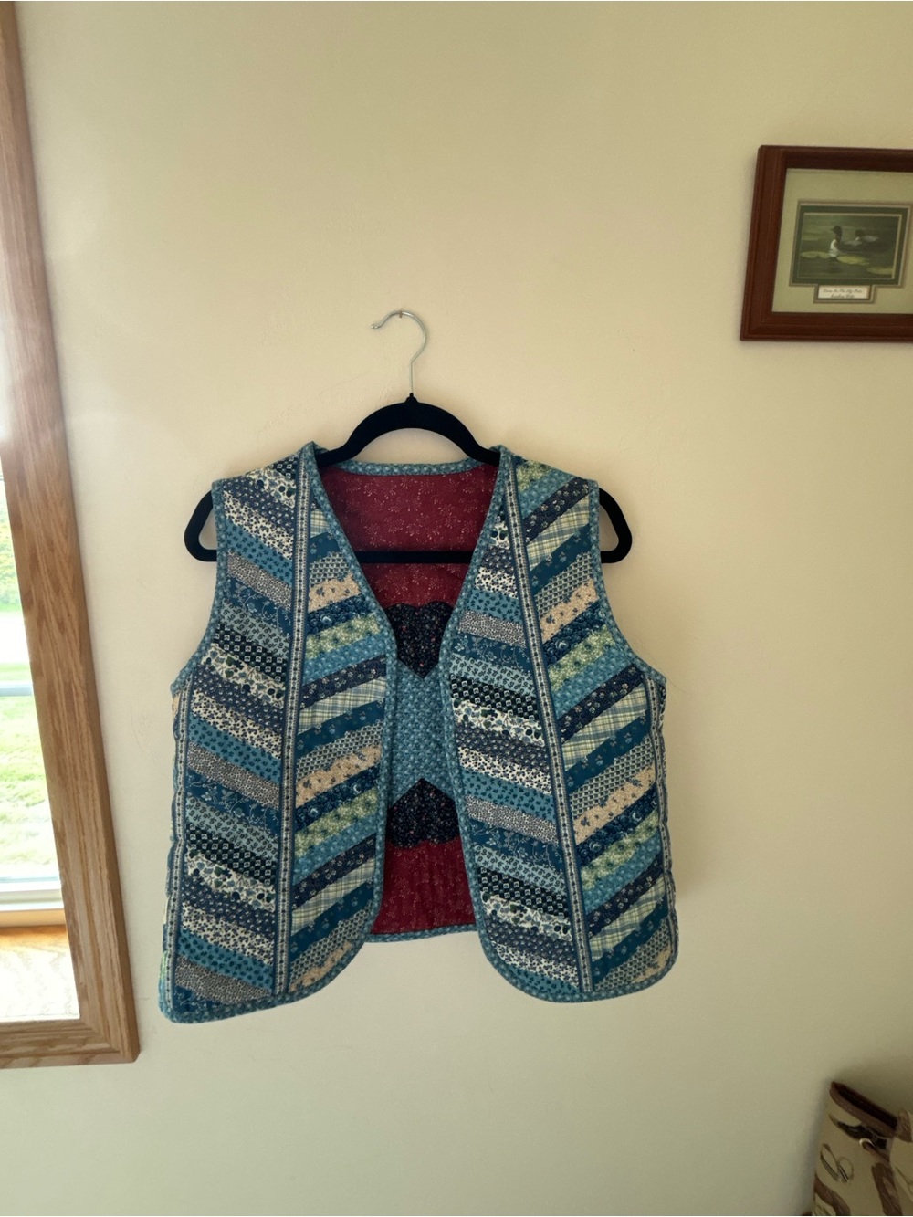 Handmade Reversible Quilted Red Patterned Vest with Blue Trim - Picture 4 of 5
